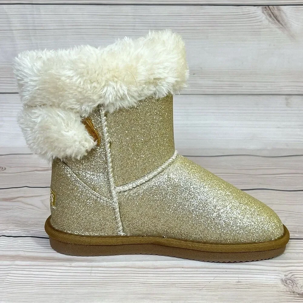 Lamo APRES Girls Size 2 Y Gold Glitter Boots Faux Fur Cozy Sparkly Slip On Youth